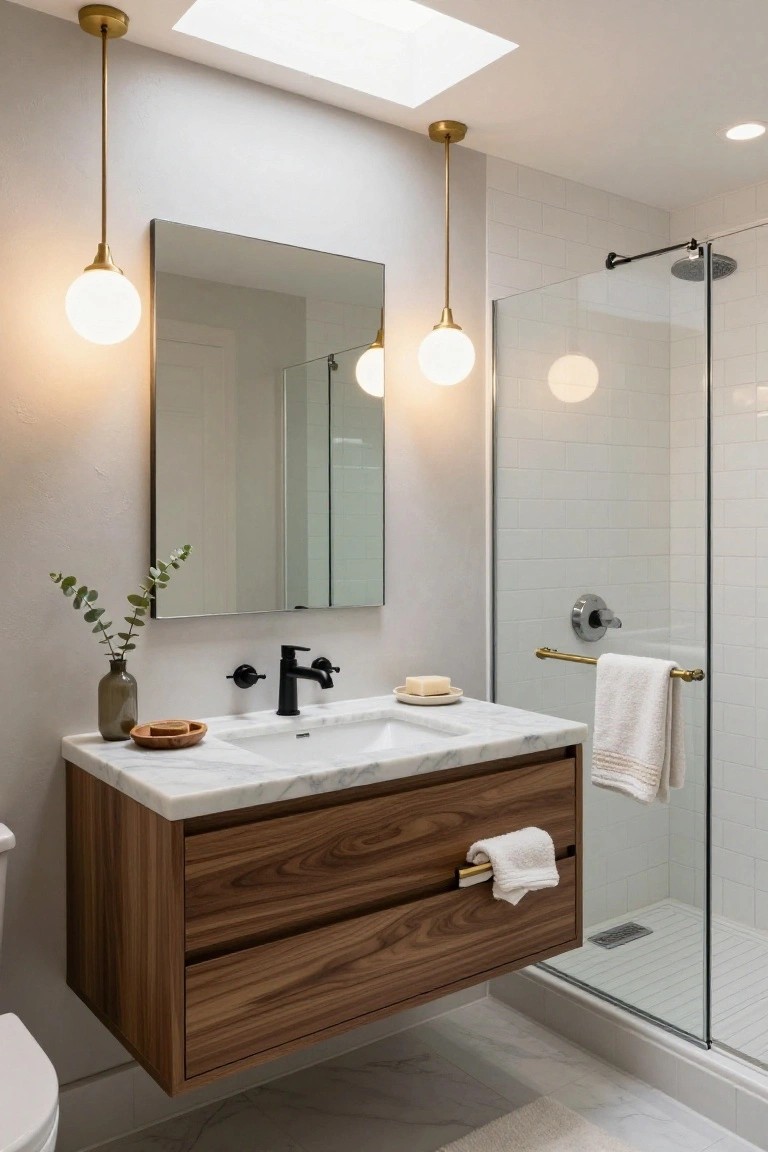 Modern bathroom with floating walnut vanity topped in white marble, two brass pendant lights with white globe shades flanking a rectangular mirror, glass shower enclosure with white subway tile, and neutral walls.