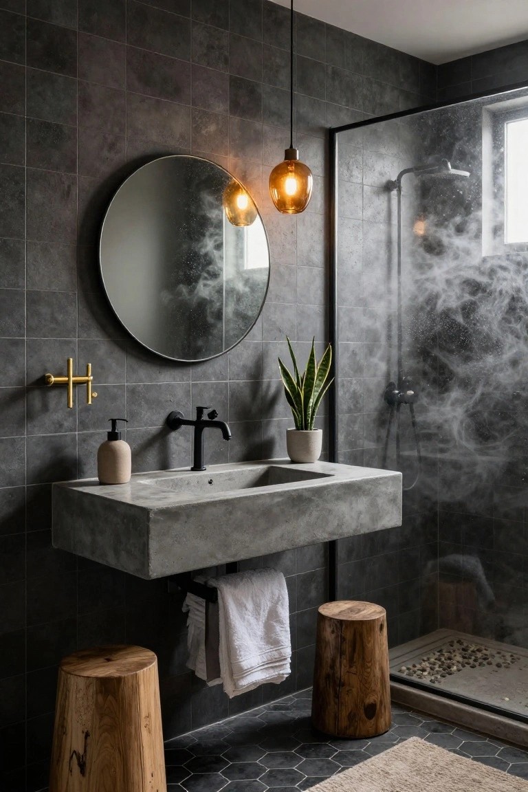 Modern bathroom with dark gray tile walls, floating concrete sink, black wall faucet, round mirror, potted snake plant, wooden stools, white towels, glass shower enclosure with steam, and two orange globe pendant lights hanging above the sink.