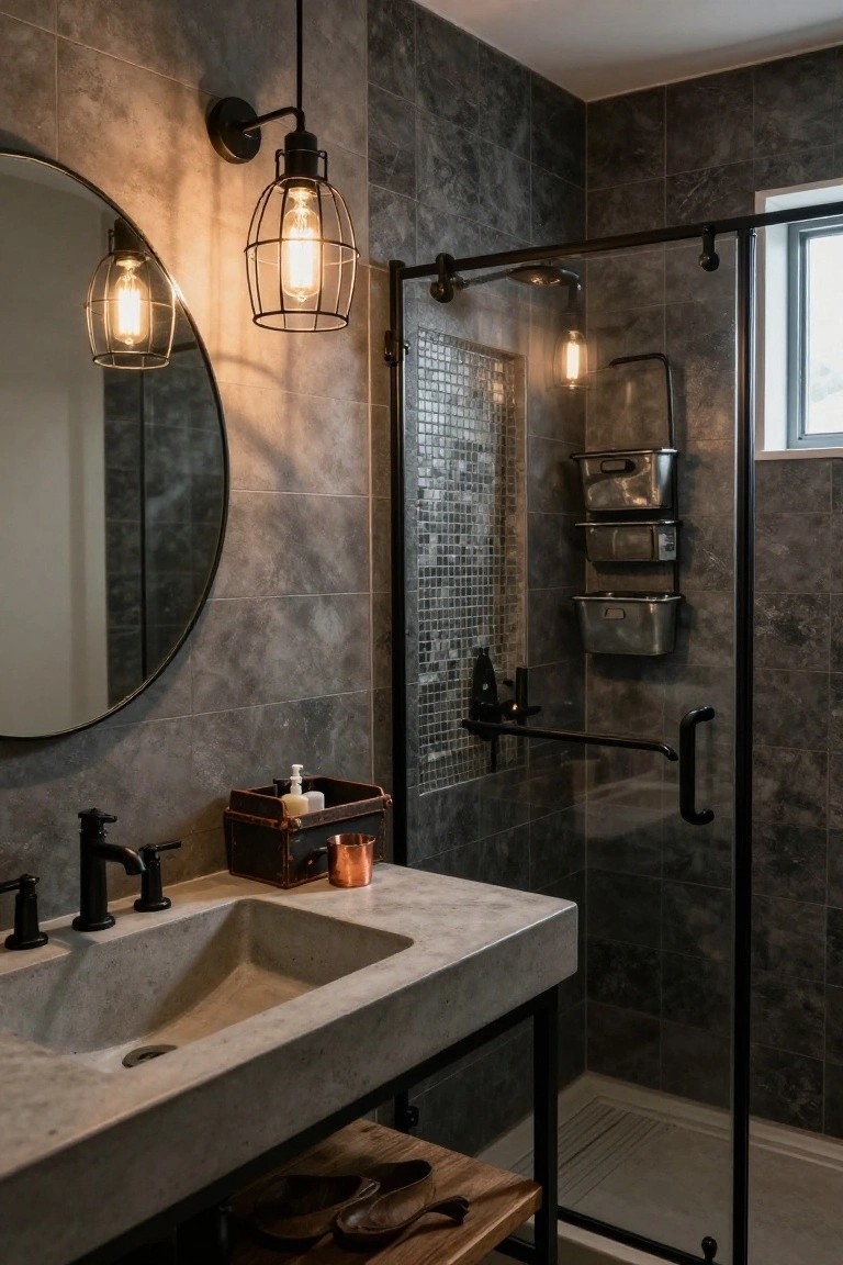 Modern bathroom featuring gray textured wall tiles, a round black-framed mirror, concrete vessel sink on black metal stand, glass shower enclosure with black frame, and multiple industrial cage pendant lights with exposed bulbs.