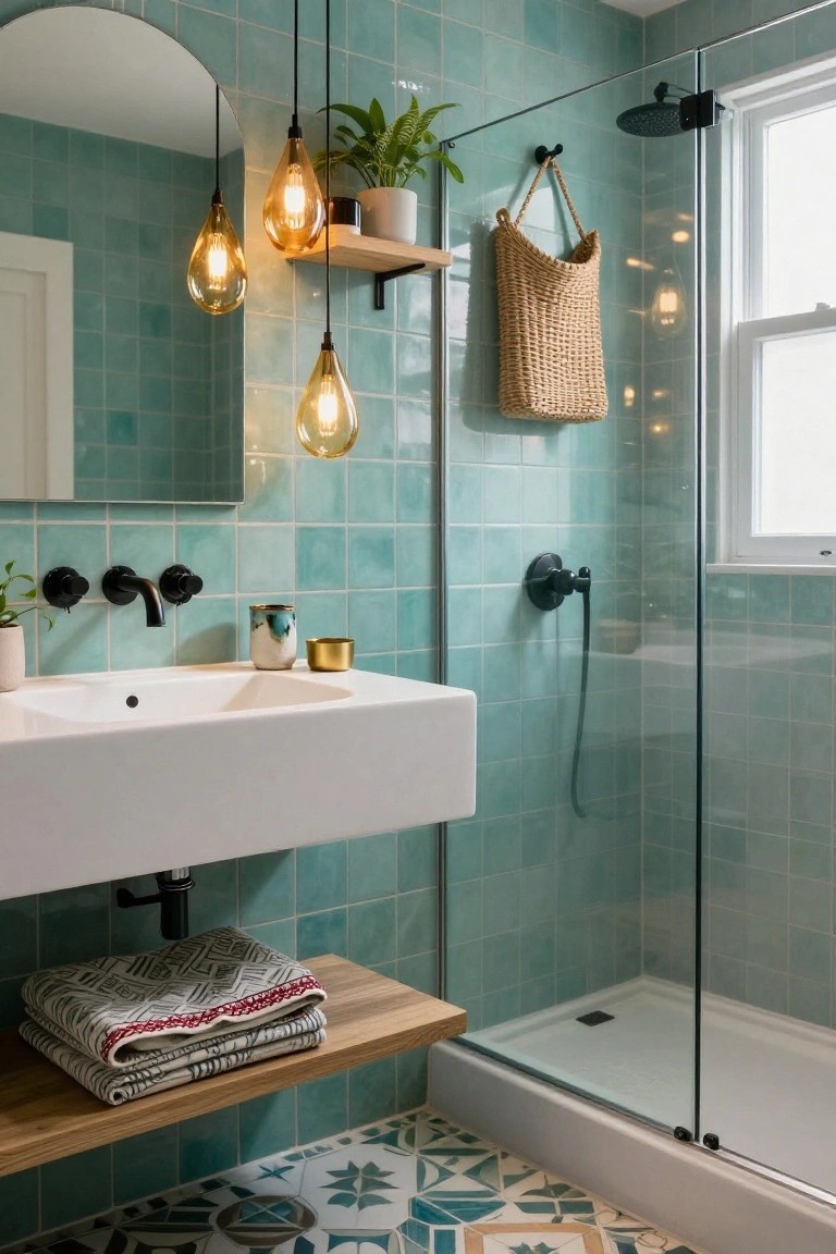 Compact bathroom with teal subway tile walls, white floating vanity, black matte fixtures, glass shower enclosure, wooden shelves holding towels and plants, and three amber glass pendant lights hanging above the sink.