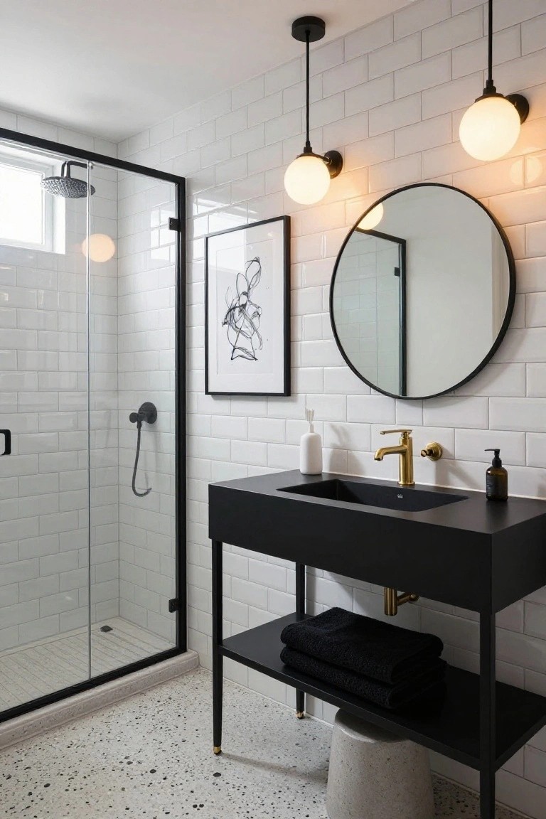 A modern bathroom with white subway tile walls, black floating vanity and legs, gold wall faucet, round black mirror, glass shower enclosure, and black pendant lights with white globe shades hanging from the ceiling and mounted on the wall above the sink.