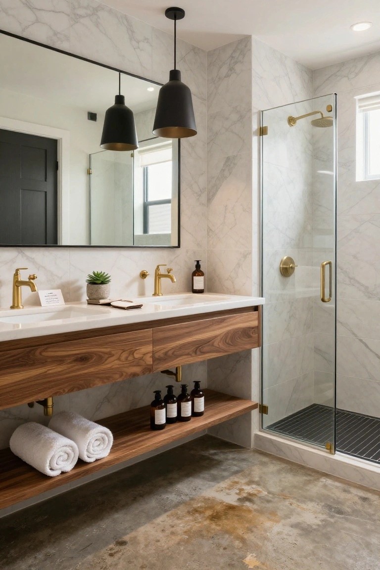 Modern bathroom with double white sinks on walnut vanity, gold cross-handle faucets, black cone pendant lights with gold interiors, marble walls, glass shower enclosure, and concrete floor.