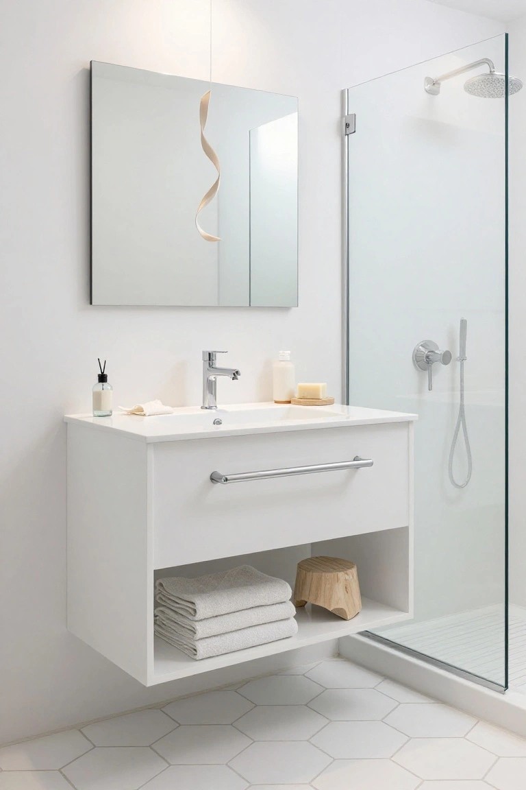 A modern white bathroom with a spiraling white pendant light hanging near a round mirror, a white floating vanity under the sink, stacked towels and a wooden stool in open storage below, a glass shower enclosure, and hexagonal white floor tiles.