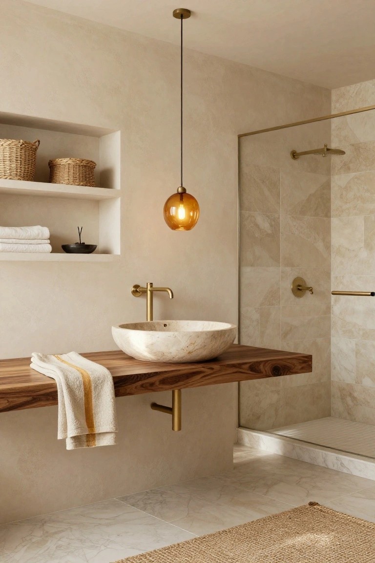 Modern bathroom interior with light beige textured walls, marble-look floor tiles, recessed shelves with baskets and towels, wooden floating vanity holding white stone vessel sink, brass wall-mounted faucet, hanging orange glass globe pendant light, and frameless glass shower with brass fixtures.