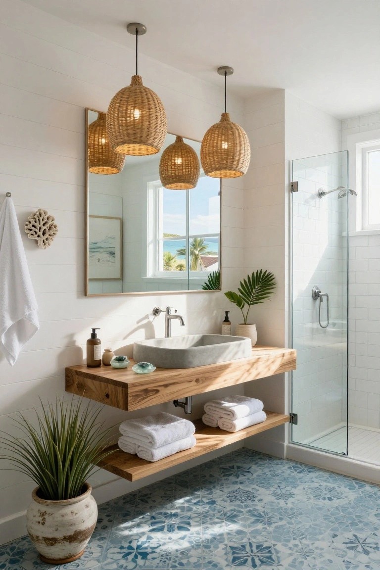 A bathroom with three woven rattan pendant lights hanging above a floating wooden vanity and round sink, white shiplap walls, blue patterned tile floor, glass shower enclosure, and ocean view through the window.