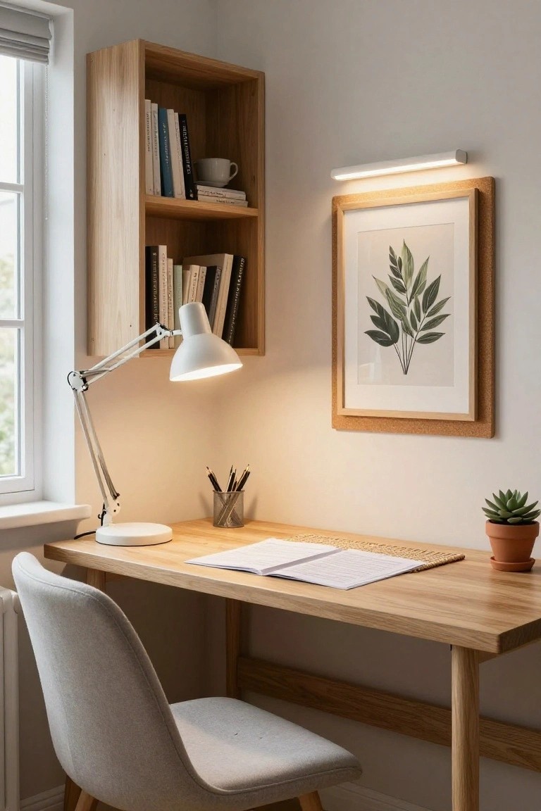 Cozy home office corner with oak desk holding open notebook and pens, white adjustable desk lamp, slim white wall-mounted light bar, wooden wall shelf with books and mug, framed green leaf artwork, potted succulent, gray fabric chair, and window with blinds.