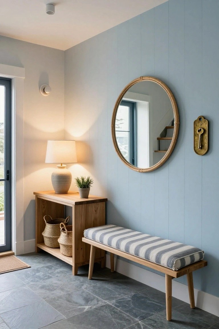 Entryway interior with blue shiplap walls, wooden console table topped by a white table lamp, plant, and seagrass baskets, striped bench beside it, large round rattan mirror, key hook, dark slate tile floor, and glass door.