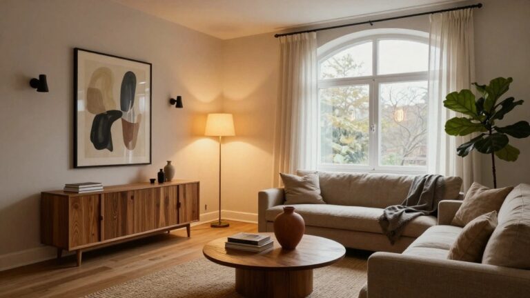19 Practical Lighting Ideas Without False Ceiling That Still Look Amazing Living room with two beige sofas facing a wooden coffee table and TV credenza, lit by a floor lamp, wall sconces, and a glowing neon sign in a frame, with plants and sheer curtains on an arched window.