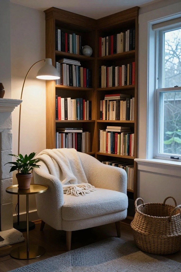 Corner reading area with wooden bookshelves full of books, cream curved armchair draped with white throw blanket, potted green plant on gold side table, tall arched floor lamp with white shade next to white brick fireplace, woven basket on floor, and window showing bare trees outside.
