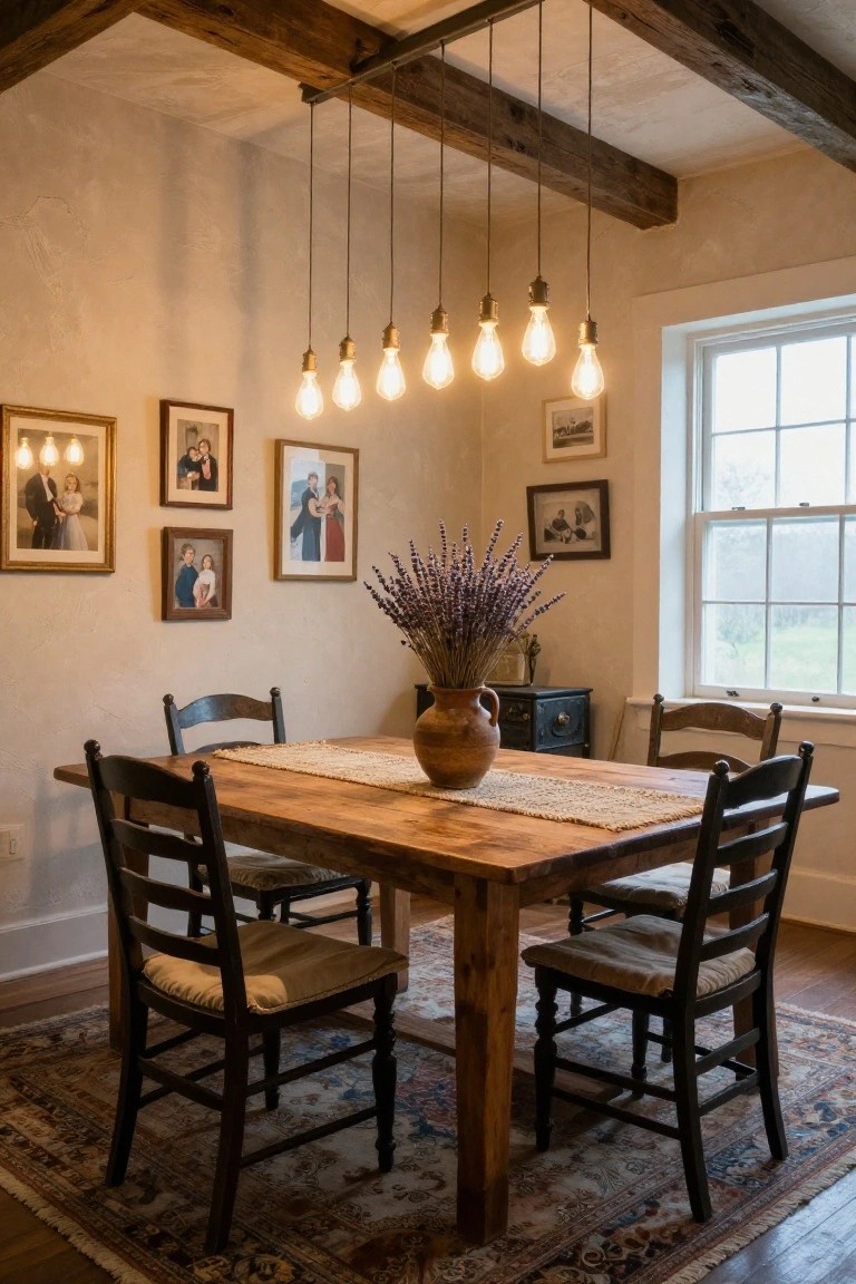 Dining room featuring exposed wooden beams with hanging Edison bulb pendants over a rectangular wooden table, flanked by black ladder-back chairs, family photos on walls, a lavender bouquet in a terracotta vase, and a window showing a view outside.