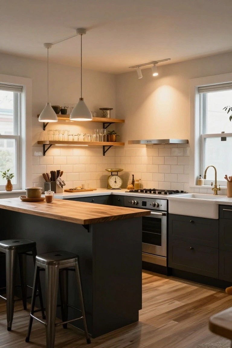 Kitchen corner with dark cabinets, light wood island countertop, two white hanging pendant lights above the island, track spotlights on wall, white subway tile backsplash, stainless stove and sink, and open wooden shelves.