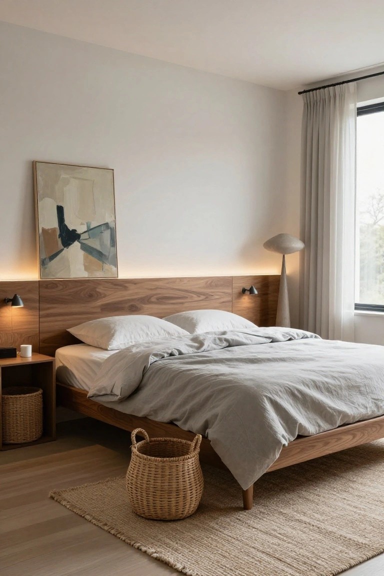Modern bedroom featuring a wooden headboard with integrated black sconces and LED backlighting, a bed with white linen bedding, bedside table with baskets, tall beige floor lamp, abstract wall art, sheer curtains on a large window, and light wood floor with seagrass rug.