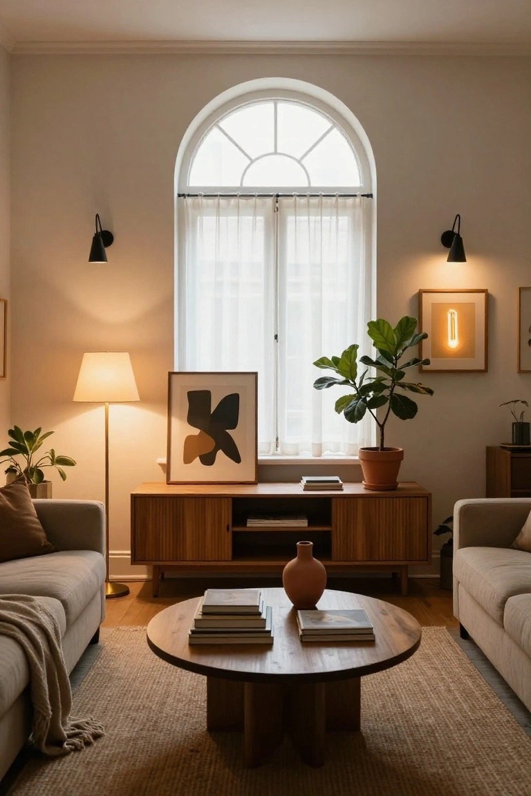 Living room with two beige sofas facing a wooden coffee table and TV credenza, lit by a floor lamp, wall sconces, and a glowing neon sign in a frame, with plants and sheer curtains on an arched window.