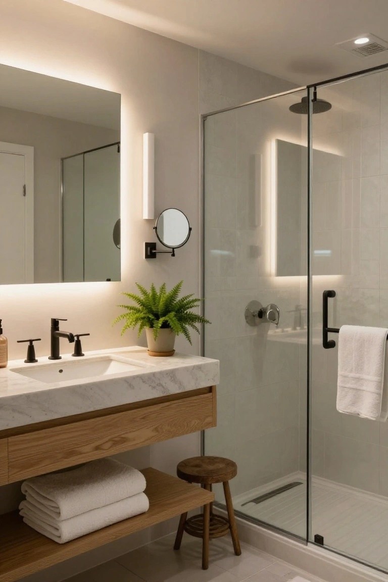Modern bathroom with backlit rectangular mirror, vertical linear LED wall light, marble sink on oak vanity cabinet, glass shower enclosure, wood stool, stacked towels, and potted fern plant.