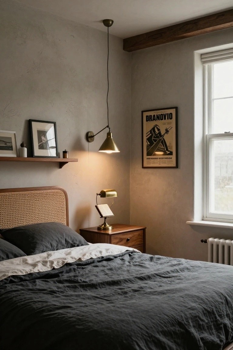 Bedroom corner with gray linen bed on rattan headboard, wooden nightstand holding brass adjustable lamp with open book, wall-mounted brass sconce lit up, hanging brass pendant from wood beam ceiling, floating wood shelf with photo frames vase and candle, black and white poster on beige plaster wall, window with roller blind and radiator below.