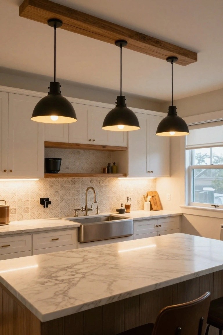 Kitchen interior with three black pendant lights hanging from a horizontal wooden beam above a white marble island countertop, white shaker-style cabinets, gold faucet, and tiled backsplash.