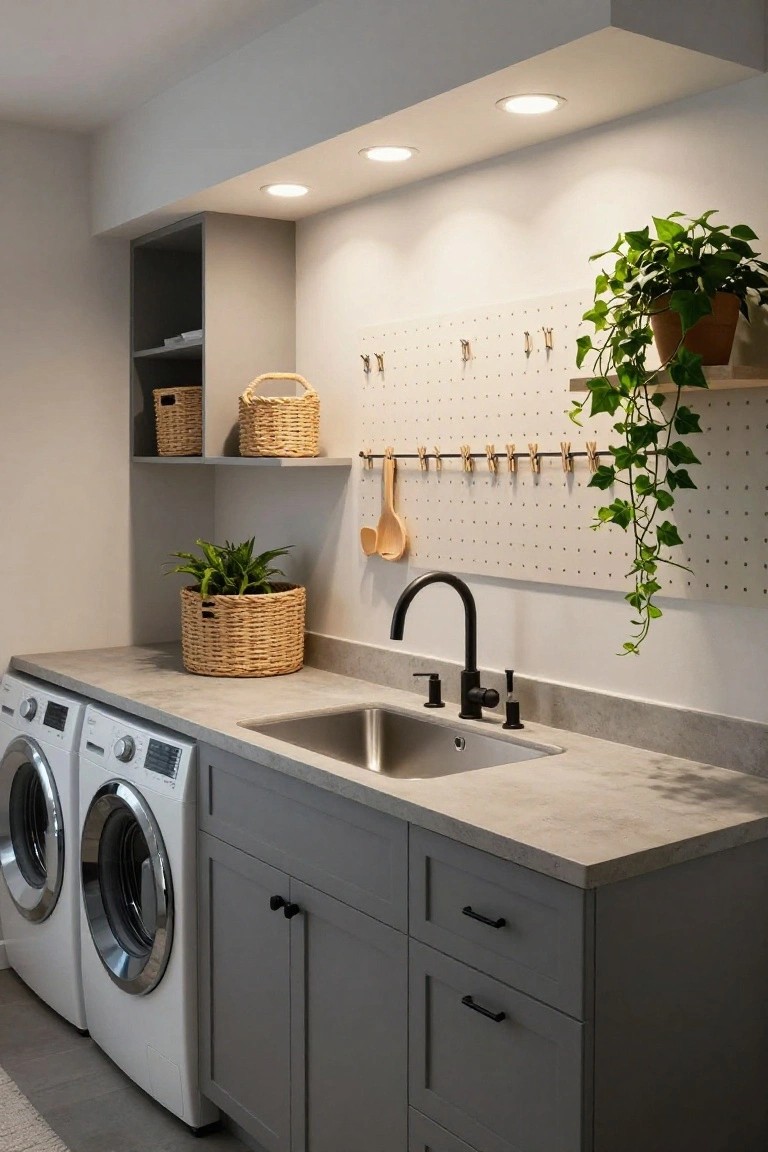 Laundry room featuring two white front-loading washers and dryers, gray cabinets with black handles, stainless steel sink, concrete countertop, wicker baskets with plants, pegboard wall with utensils and clothespins, and four recessed ceiling lights.