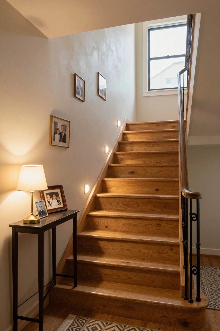 Wooden staircase with small round wall lights beside each step, black console table holding a lamp and framed photos at the base, and a tall window above.