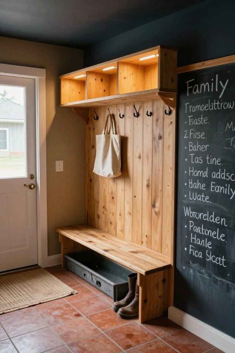 Wooden mudroom wall unit with LED-lit open shelves above coat hooks holding a canvas tote bag, bench with rubber boots and metal tray below, chalkboard listing family names, and white door with glass panel to outside.