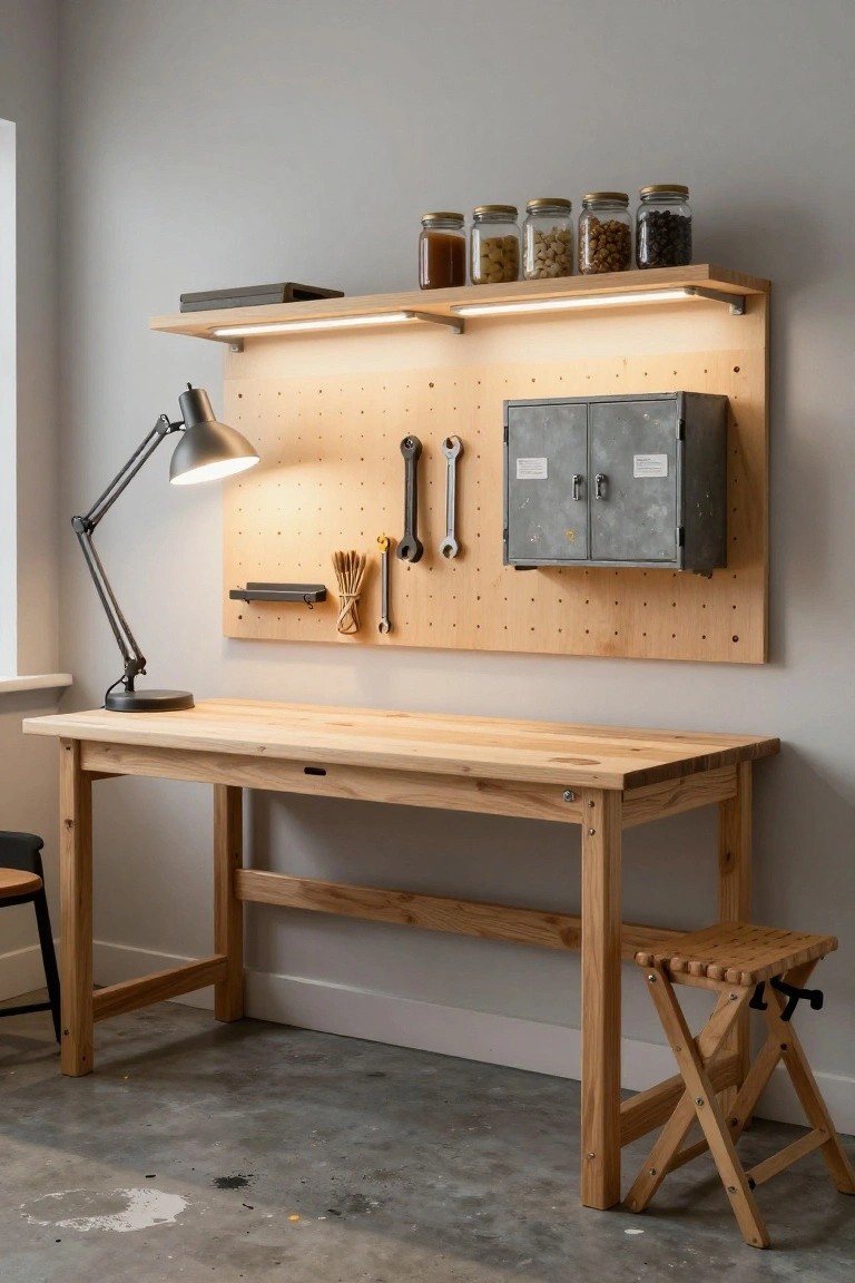 Wooden workbench against a light gray wall with pegboard panel, under-shelf LED strip lighting, wooden shelves holding jars, metal cabinet, tools on pegboard, adjustable desk lamp, and wooden stool in a room with concrete floor.