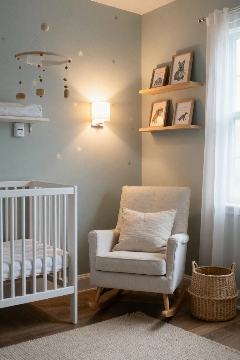 Nursery room with white crib, cream upholstered rocking chair with pillows, wooden mobile hanging above, oak shelves holding framed animal prints, white wall sconce lamp lit warmly, wicker basket, on pale blue-green walls with star decals and white curtains.