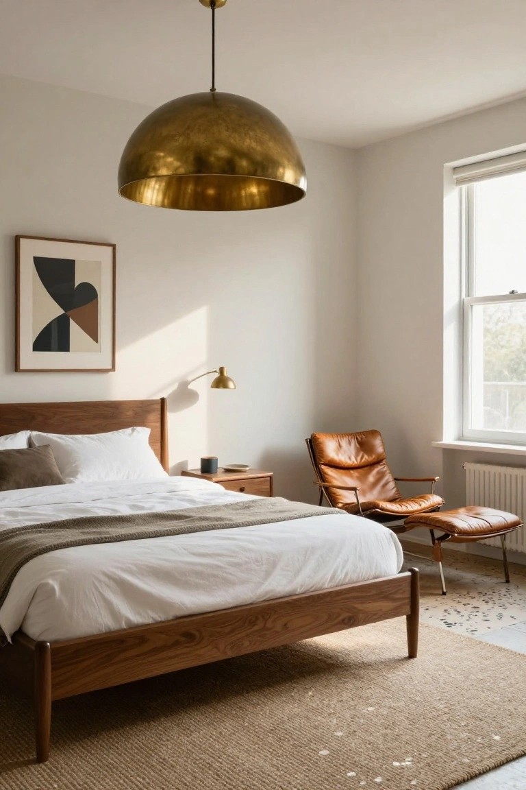 Bedroom with large brass dome pendant light over wooden bed with white sheets and gray throw, tan leather armchair with ottoman, abstract geometric wall art, brass wall lamp, and seagrass rug on light floor.