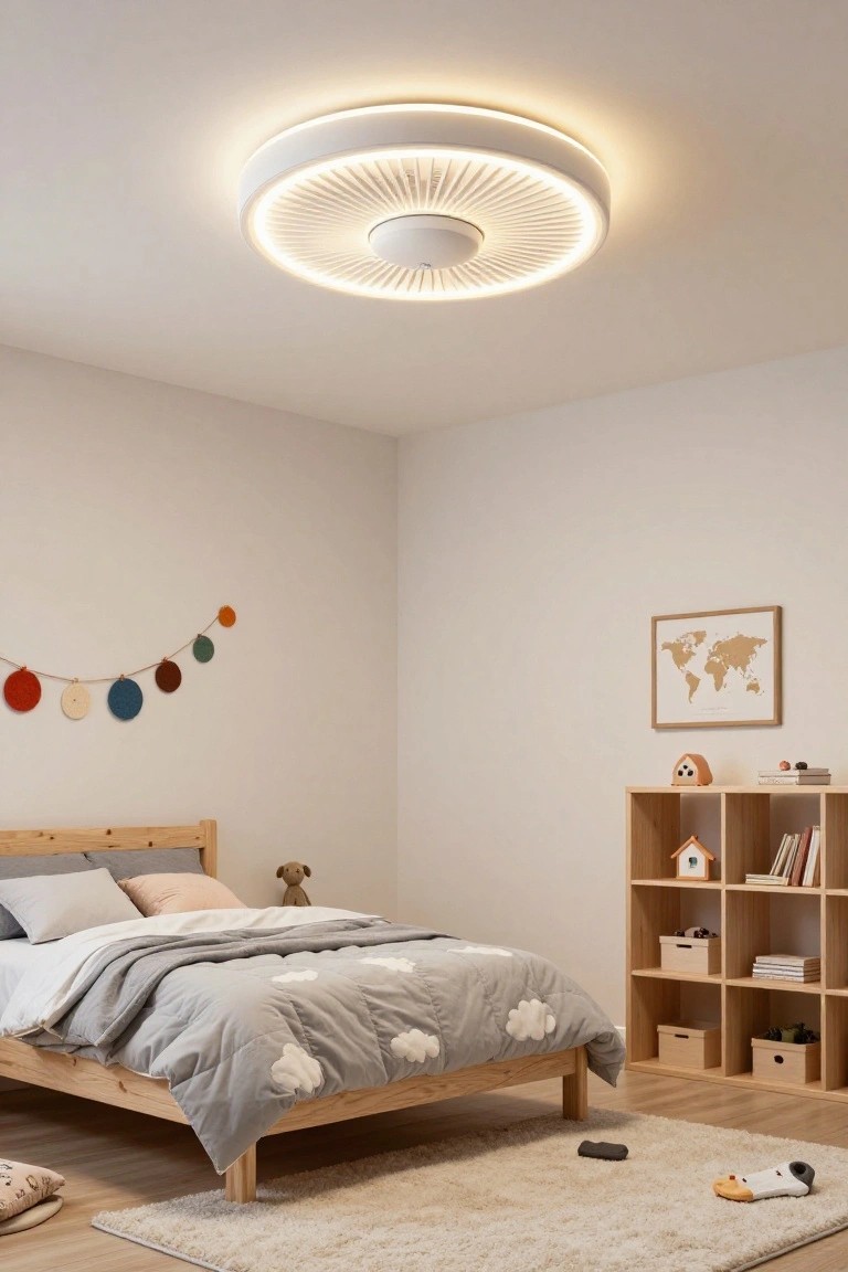 A circular white ceiling fan with integrated LED lighting mounted in a light beige child's bedroom with a wooden bed, gray cloud-patterned duvet, wooden bookshelves, and beige rug.