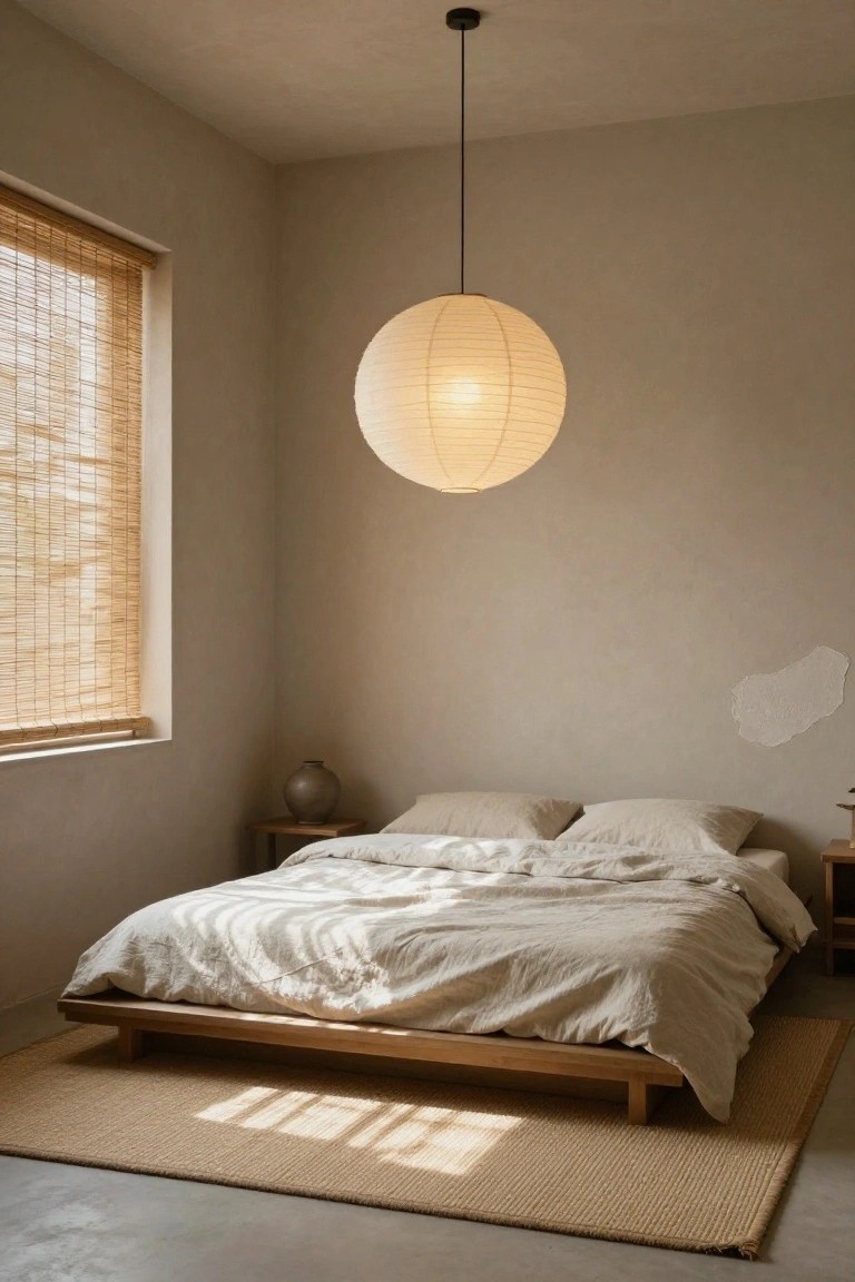 Minimalist bedroom featuring a low wooden platform bed with white linen sheets, beige textured walls, bamboo blinds on a window, side tables with ceramics, a beige seagrass rug, and a large white paper lantern pendant light centered over the bed.