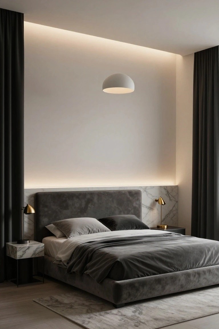 Bedroom with gray velvet bedframe and bedding, marble nightstands with gold table lamps, dark floor-length curtains, white pendant lamp overhead, and thin recessed LED strips glowing along ceiling edges and headboard wall.