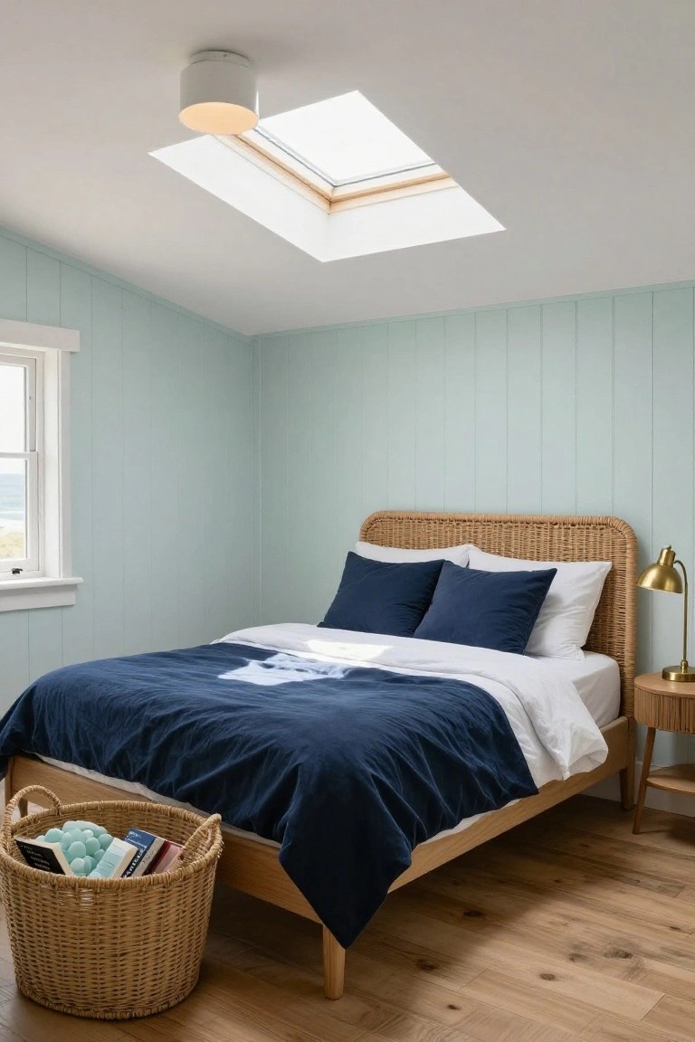 Light blue paneled bedroom with rattan headboard bed covered in navy duvet and white sheets, gold lamp on bedside table, wicker basket with books and green balls on oak floor, window showing ocean view, skylight in ceiling, and white cylindrical pendant light mounted above.
