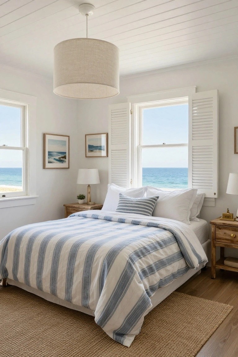 Bedroom interior with white shiplap ceiling and walls, king bed with blue striped duvet, wooden nightstands, ocean view through louvered windows, and a beige linen drum pendant light hanging centrally.
