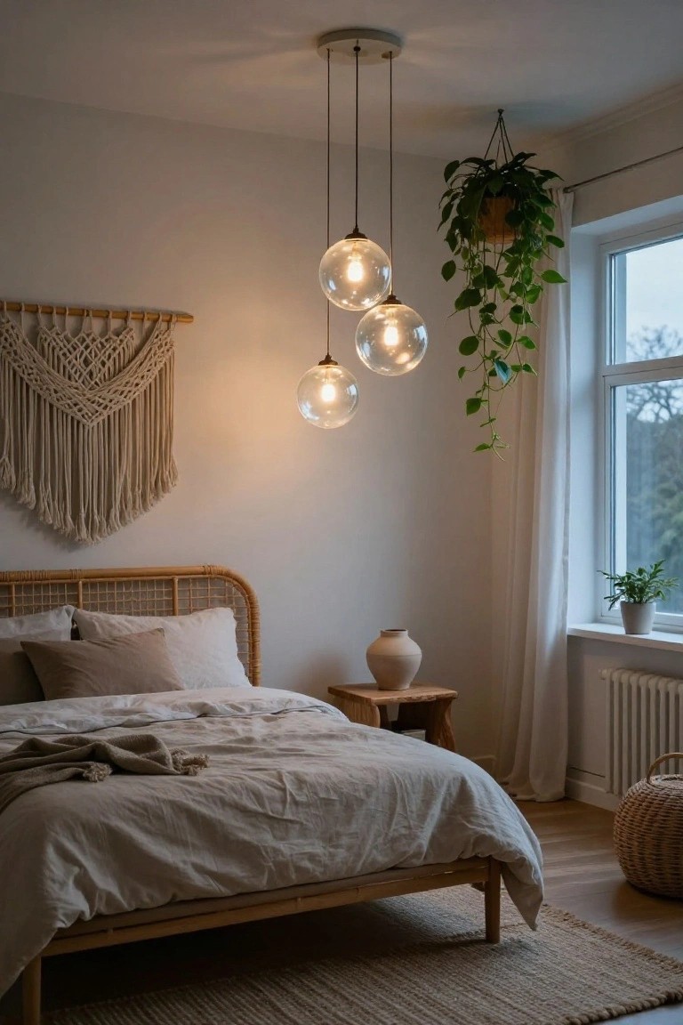 Bedroom interior with three hanging clear glass globe pendant lights above a rattan bed with beige linens, macrame wall hanging, potted plants, wooden side table, rug, and window with sheer curtains.