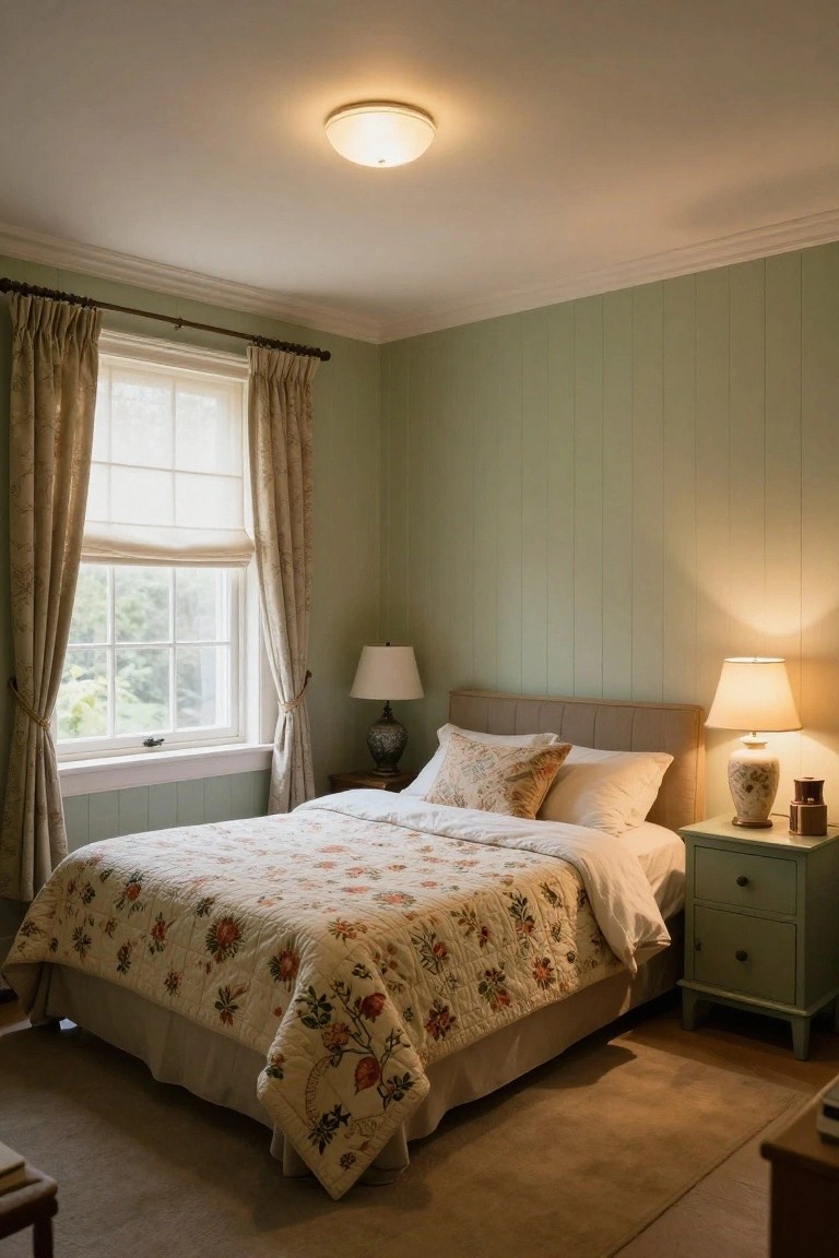 Bedroom interior with pale green vertical board-and-batten walls, a double bed covered in a floral quilt and white sheets, two table lamps on a green nightstand, beige curtains on a multi-pane window, and a white dome flush-mount ceiling light.
