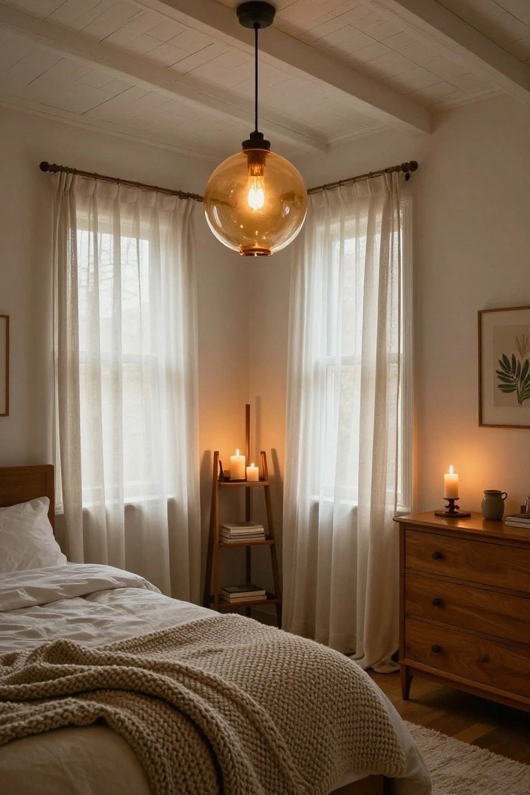 Bedroom corner with large amber glass globe pendant light hanging from white beamed ceiling, sheer white curtains on two windows, wooden bed with white bedding and knit throw, ladder shelf holding candles and books, wooden dresser, and framed artwork on white wall.