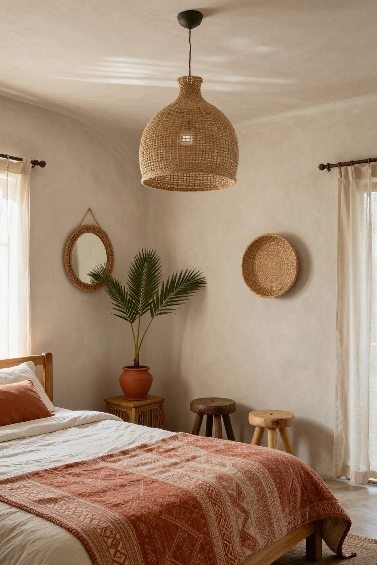 Bedroom corner featuring a large hanging woven pendant lamp from the ceiling, beige curved walls, round woven mirror and basket, potted palm plant in terracotta pot, wooden side table and stools, bed with white sheets and terracotta patterned quilt, sheer curtains on windows.