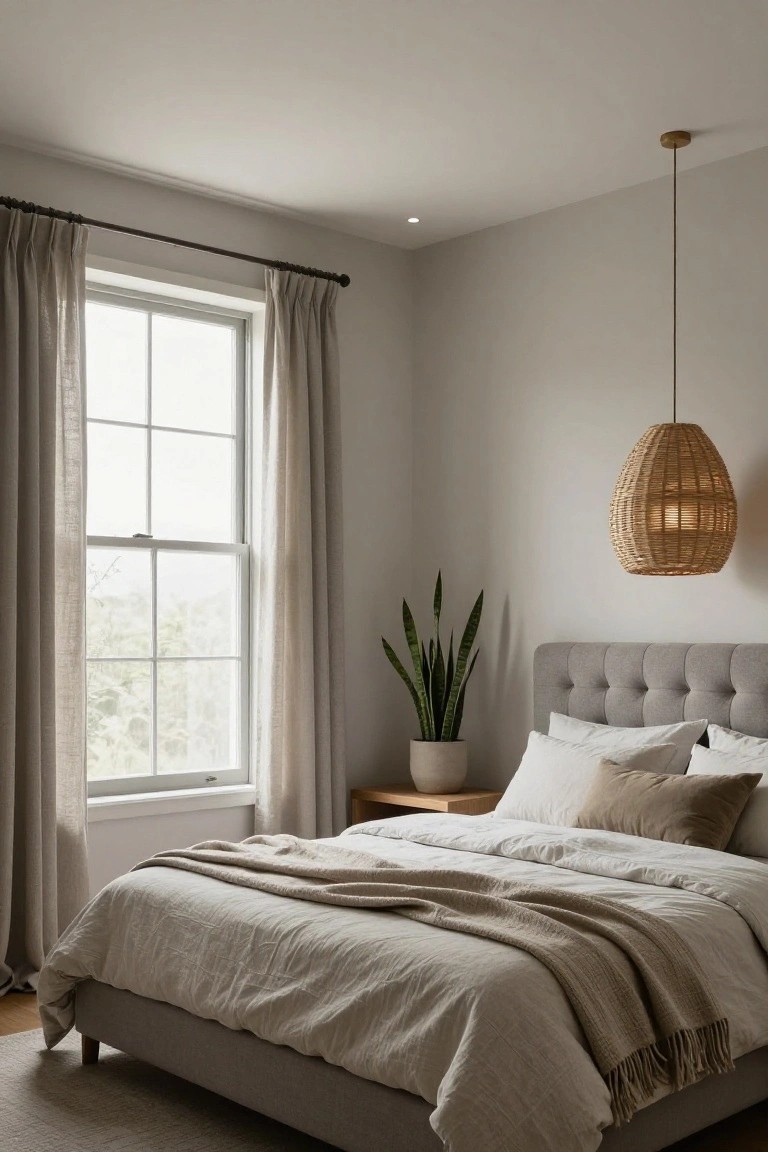 Bedroom corner with gray tufted headboard bed draped in beige linens and throw, large window with sheer curtains, potted snake plant on wooden nightstand, and woven rattan pendant light hanging from ceiling.