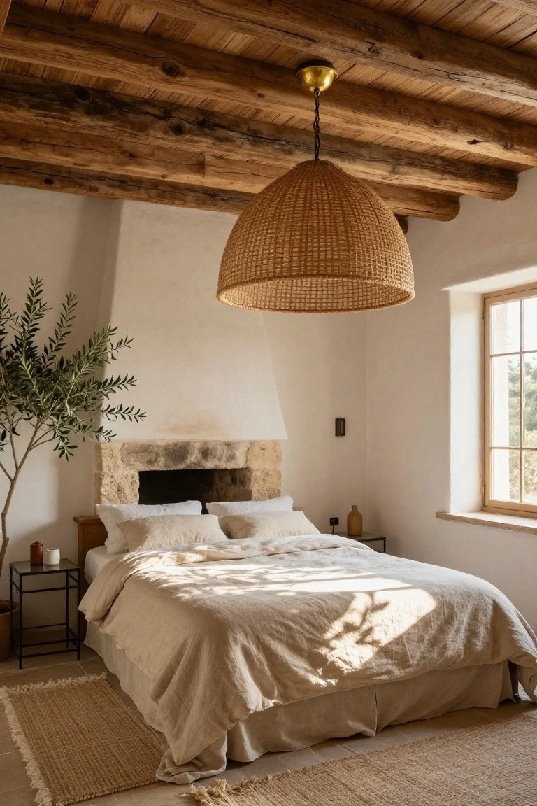Bedroom with exposed wooden beam ceiling, large hanging woven rattan pendant light over a bed with white linens and pillows, stone headboard, potted olive tree, bedside tables with candles and vase, seagrass rug, and window with natural light.
