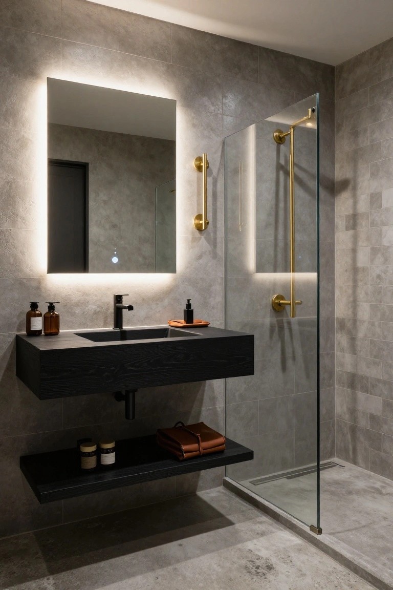 Modern bathroom with floating black wood vanity, matte black sink, rectangular backlit mirror, glass shower enclosure with brass fixtures, and gray textured tile walls and floor.