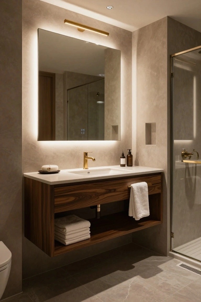 Bathroom vanity with floating wooden cabinet, white sink, gold faucet, backlit rectangular mirror, wall sconce, glass shower enclosure, and toilet on tiled floor.