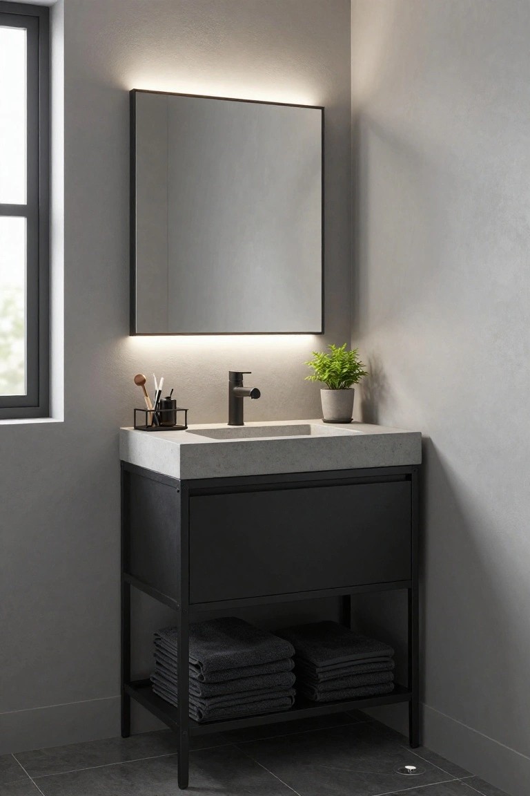Modern corner bathroom vanity with rectangular black-framed mirror featuring edge LED backlighting, black metal faucet on concrete sinktop, black cabinet base with towels on open shelf, black organizer with utensils, potted green plant, and gray walls.