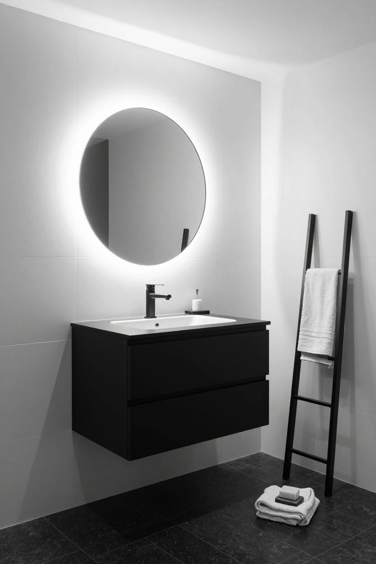 Modern black and white bathroom with floating double-drawer vanity, white sink, black faucet, round backlit mirror, black towel ladder, soap dish on counter, folded towels on floor, white tiled walls, and dark tiled floor.