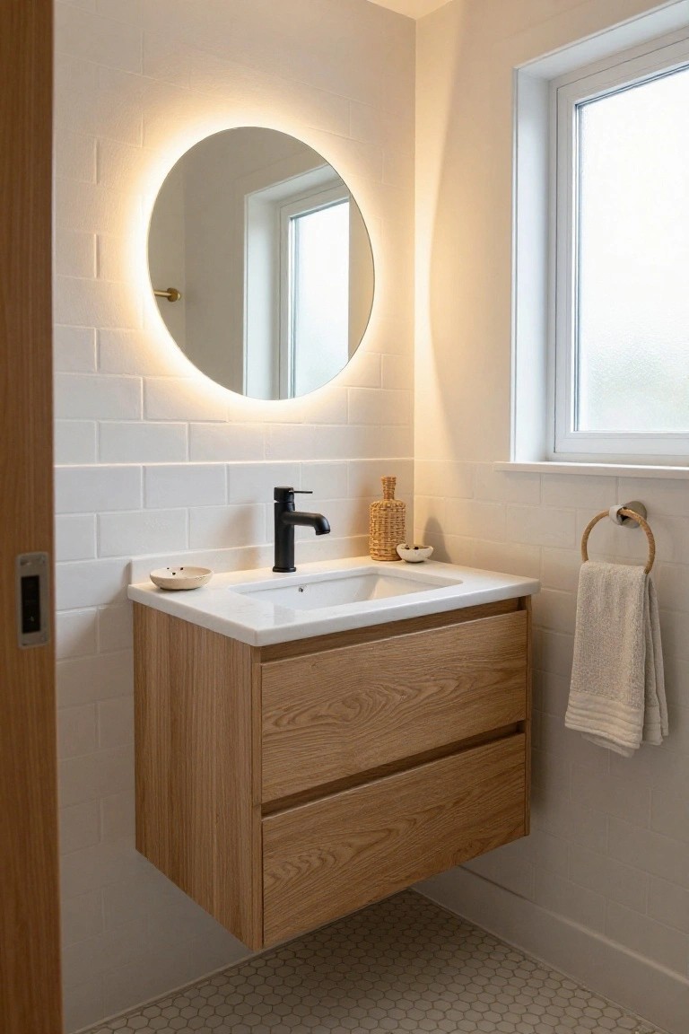 A modern bathroom with white subway tile walls, a floating oak vanity with two drawers, round backlit mirror, black matte faucet, small ceramic dishes, woven towel holder with towel, and hexagonal floor tiles near a window.