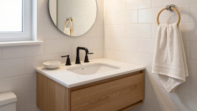 A modern bathroom with white subway tile walls, a floating oak vanity with two drawers, round backlit mirror, black matte faucet, small ceramic dishes, woven towel holder with towel, and hexagonal floor tiles near a window.