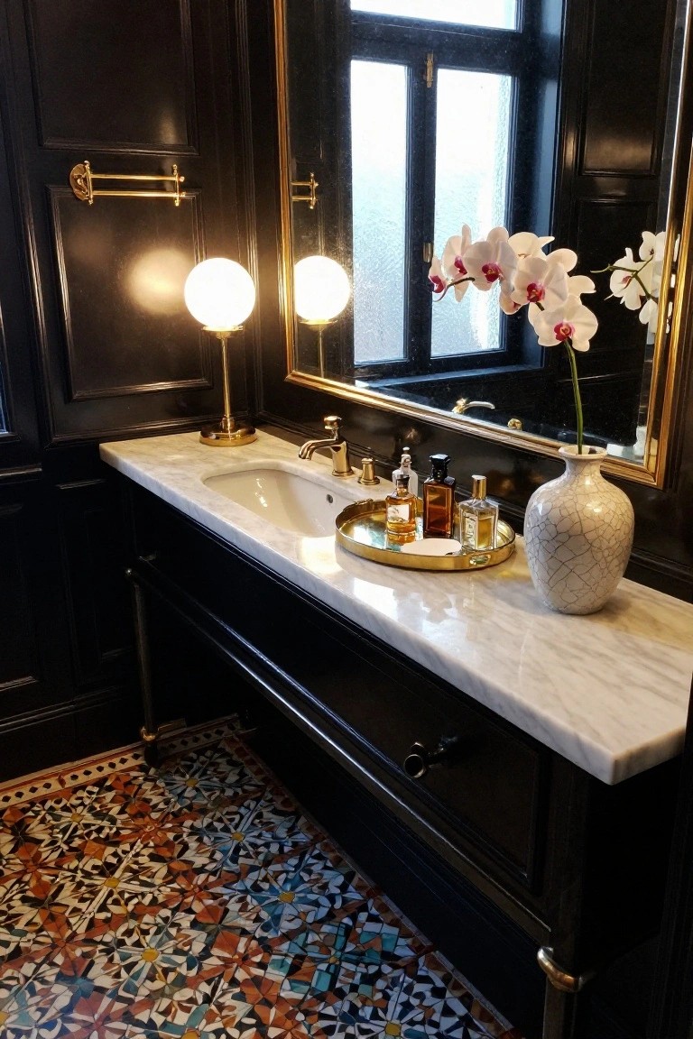 Elegant black vanity with marble top, gold fixtures, and white orchids.