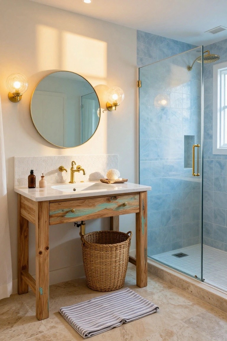 Bathroom vanity with white quartz countertop on driftwood base, round gold mirror flanked by matching gold globe sconces, soap dispenser and lotion bottle on counter, blue tiled shower enclosure nearby.