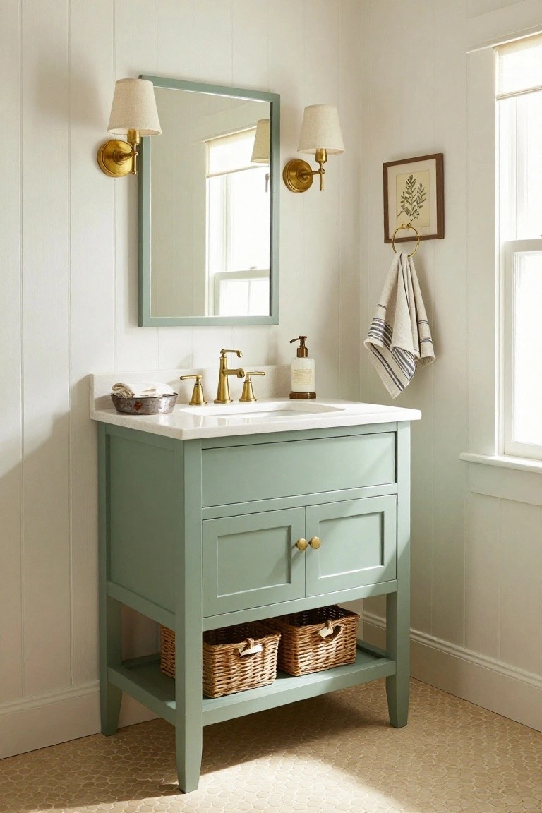 A sage green wood vanity with white sink and gold faucet under a rectangular mirror, flanked by two brass wall sconces with cream fabric shades, in a white shiplap bathroom corner with window, towel hook, and woven baskets below.