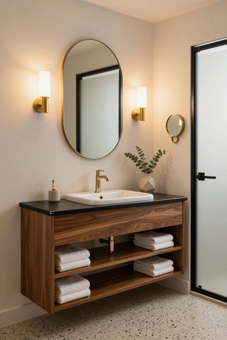 Modern bathroom with floating wood vanity, oval mirror, and gold sconces.