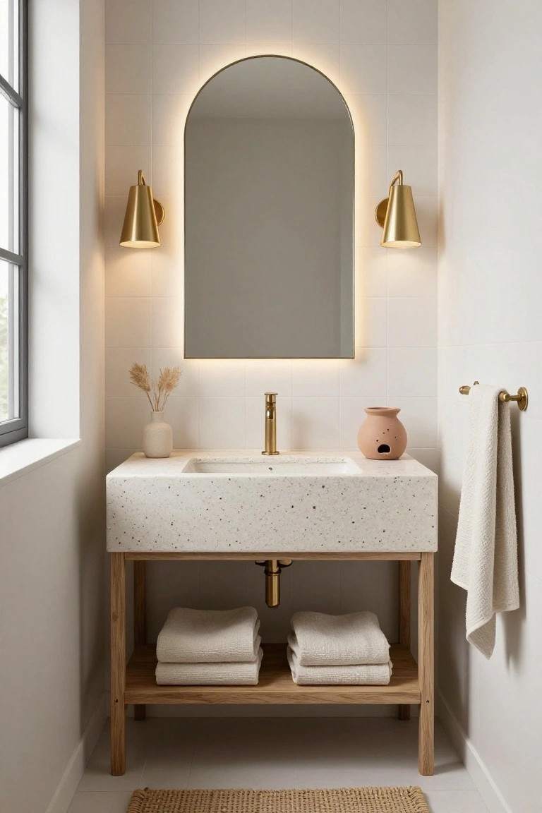 A compact bathroom vanity with speckled white sink on oak base, arched gray-tinted mirror with edge lighting, two gold cone wall sconces, potted plants, and folded towels on open shelves.