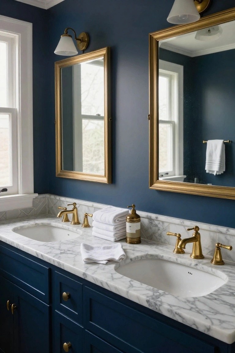 Elegant navy bathroom with marble counters and gold fixtures.