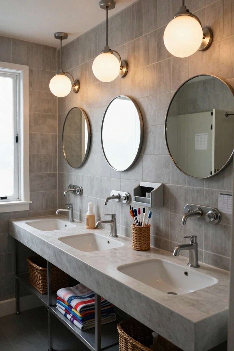 Bathroom vanity counter with three undermount sinks, chrome faucets, soap dispenser, toothbrush holder, woven baskets underneath holding towels, hanging white globe pendant lights, wall sconces, and three round mirrors on gray tiled wall.